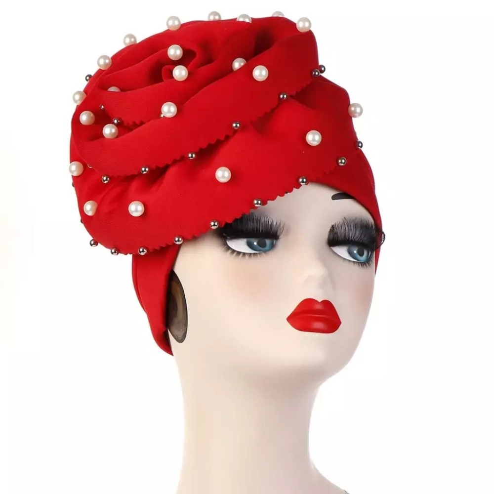 Nwot red pearl turban head wrap church hat